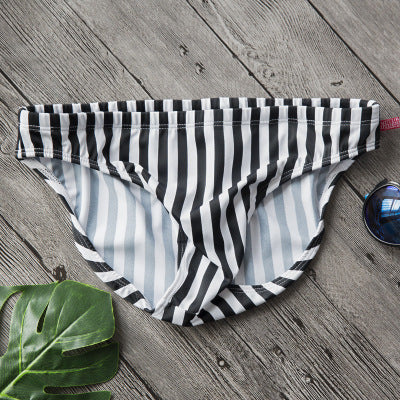 Men's Low-Rise Sexy Swim Trunks, Black and White Stripes