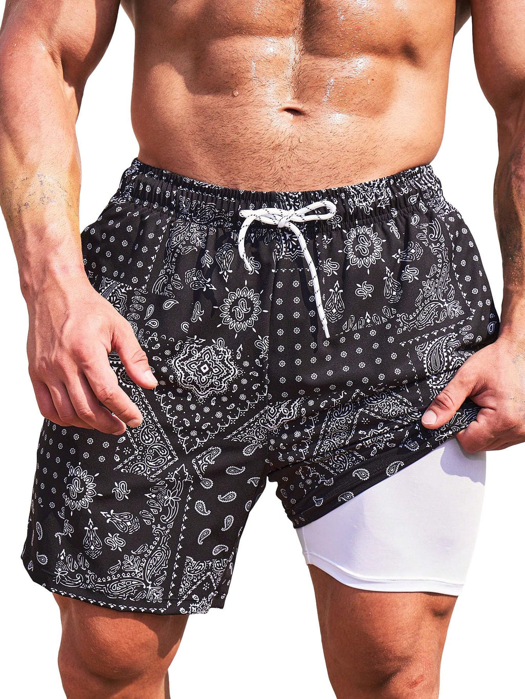 Floerns Mens Swim Trunks with Compression Quick Dry Shorts Swim Board Shorts Black XXL