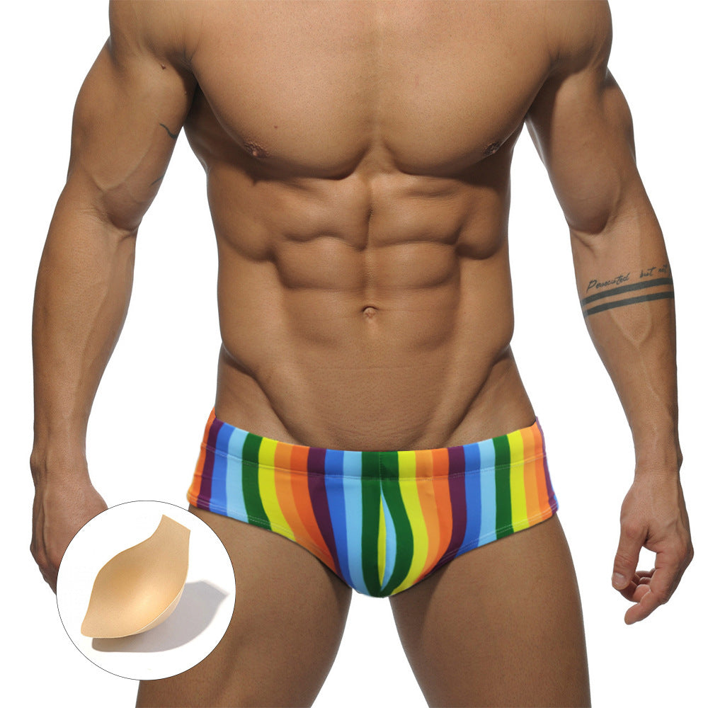 Stylish Colorful Striped Men's Swim Trunks with Cup