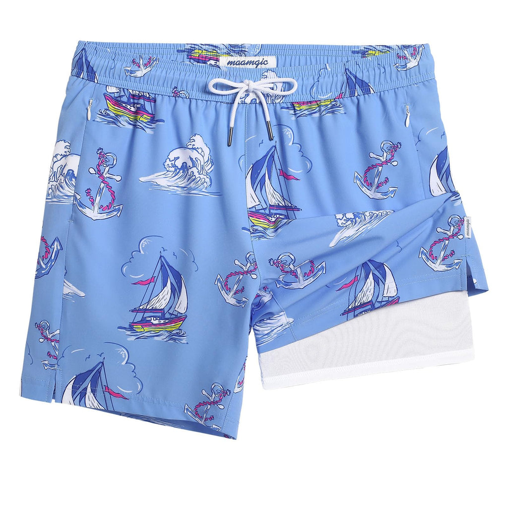 maamgic 7 Inch Mens Swim Trunks with Compression Liner Board Shorts with Zippered Pocket Bathing Suit for Beach Vacation Blue and White Boat Anchor X-Large