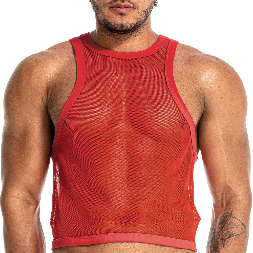 FIROTTII Mens Mesh See-Through Sleeveless Tank Top Fishnet Fitted Muscle Sleeveless Tank Shirt (Red XL)