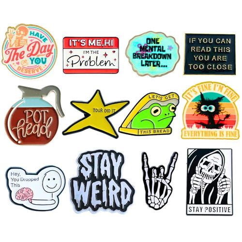 12PC Funny Enamel Pins for Backpacks Bags Hats Vest Fun Cute Meme Silly Weird Cool Spooky Horror Brooch Coffee Tea Pot Frog Lapel Metal Unique Collective Bulk Pin Buttons for Adults Work Novelty