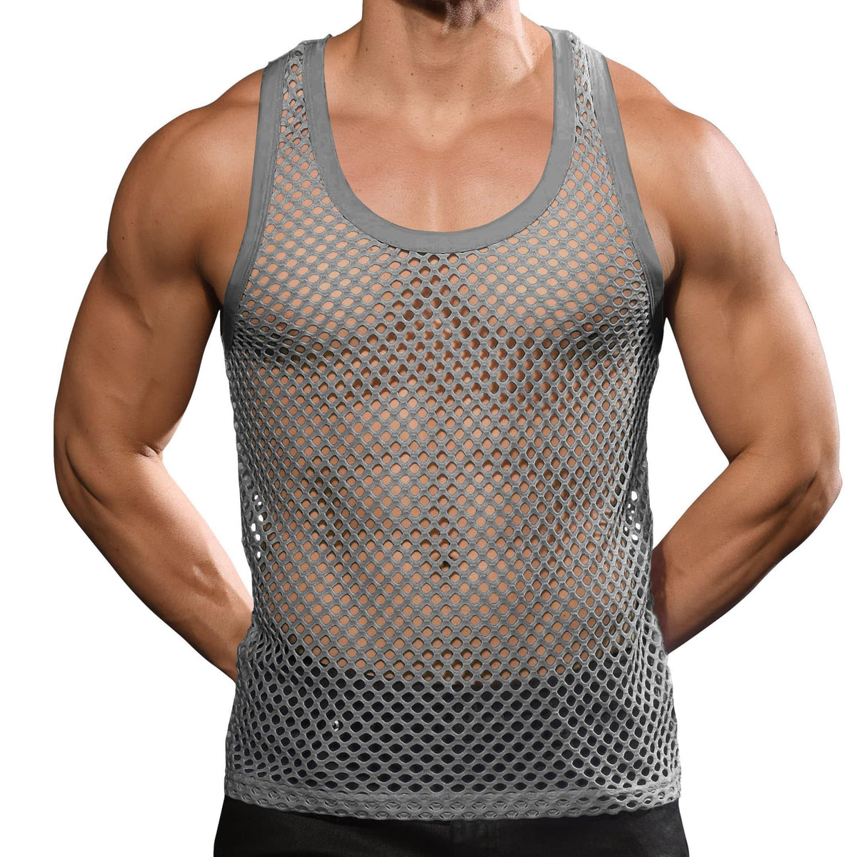 Beotyshow Mens Mesh Fishnet Tank Tops Fitted Sleeveless Night Club Style Muscle Top Summer Workout Beach Shirts Grey