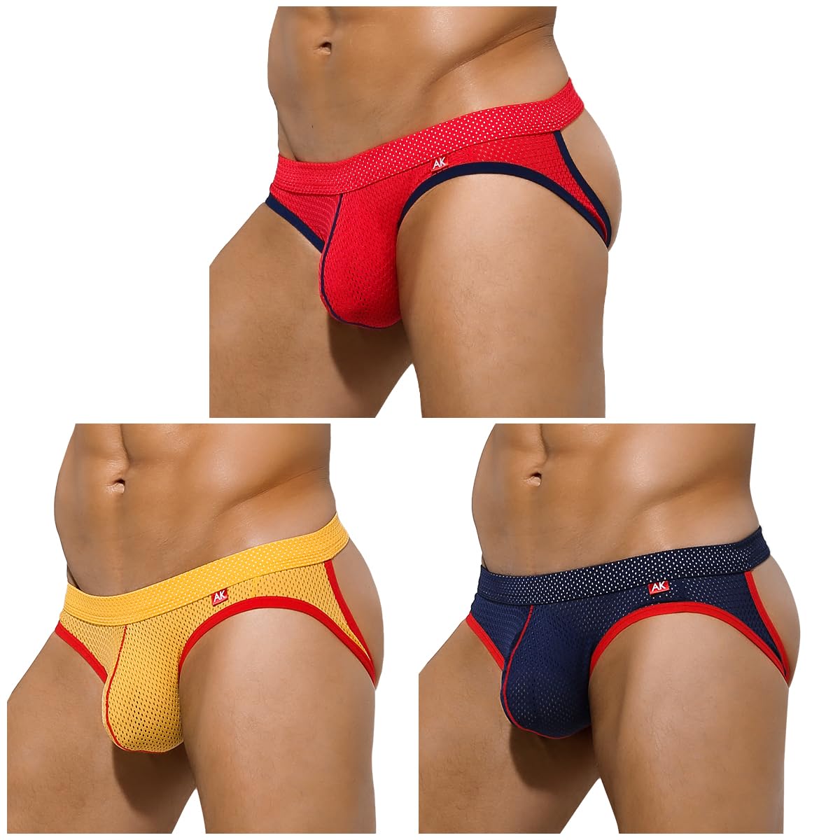 Arjen Kroos Mens Jockstrap Underwear 3 Pack Breathable Mesh Thong Gym Athletic SupportersDARK BLUE/RED/YELLOWX-Large