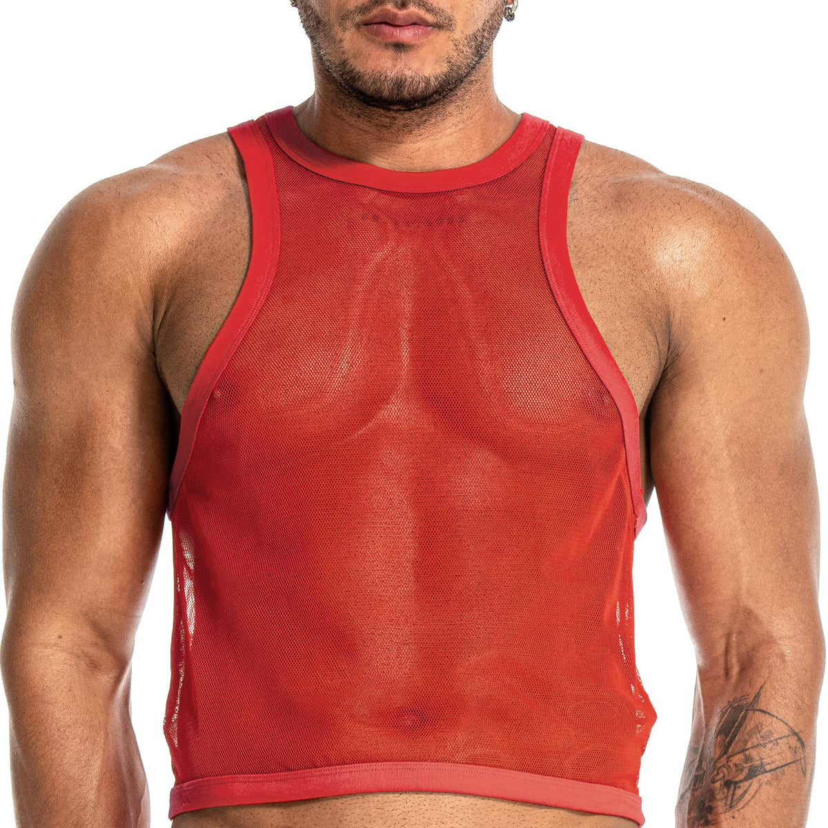 FIROTTII Mens Mesh See-Through Sleeveless Tank Top Fishnet Fitted Muscle Sleeveless Tank Shirt (Red XL)
