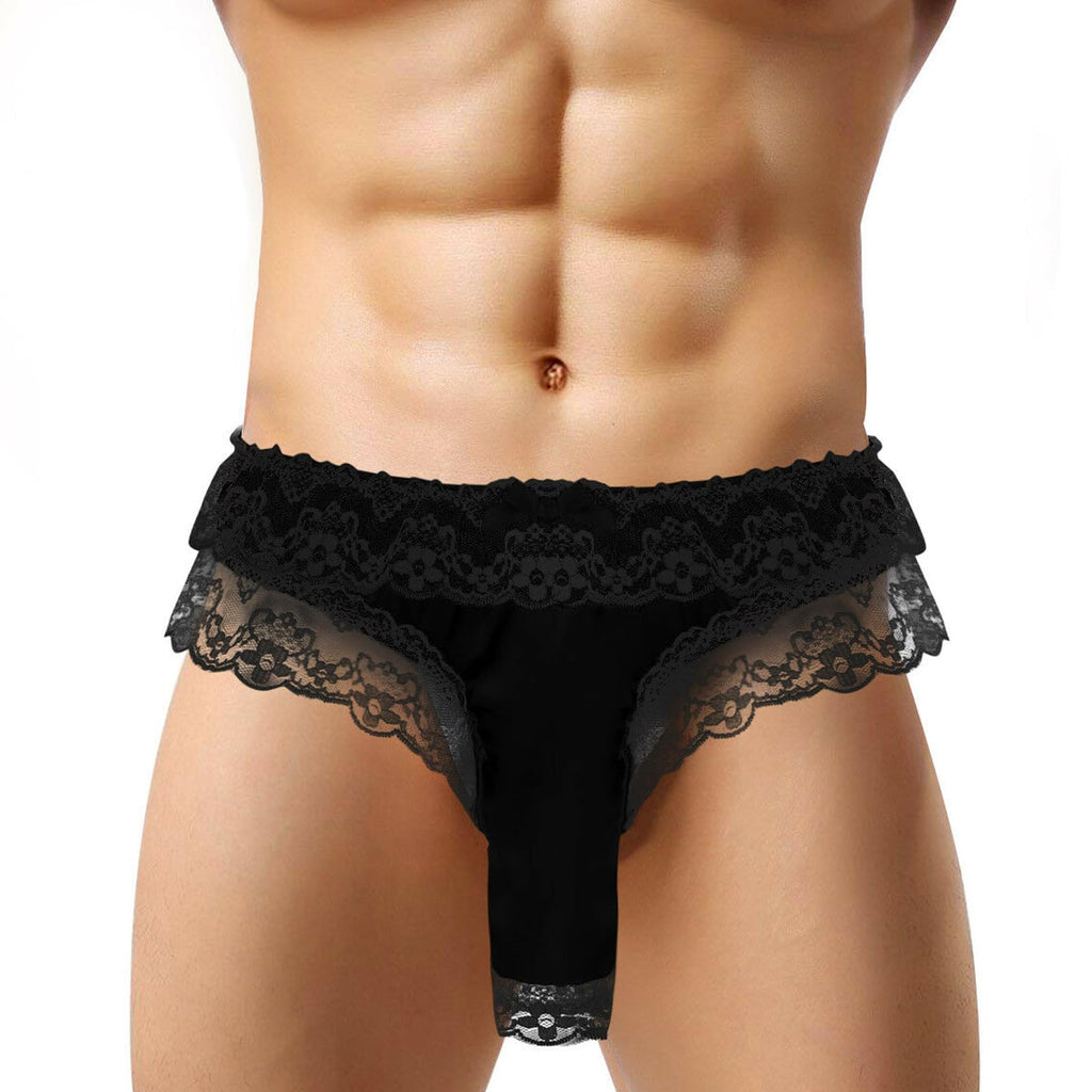 GENEMEN Mens Satin Panties Elephant Nose Underwear Frilly Lace Thong Sissy lingerie Crossdressers Sexy Briefs (Black XL)