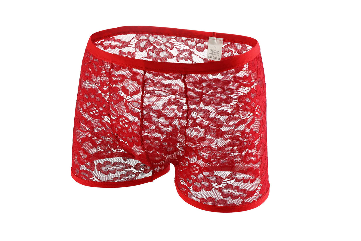 Swbreety Mens See Through Lace Boxer Underwear Bulge Pouch Boxer Briefs Red