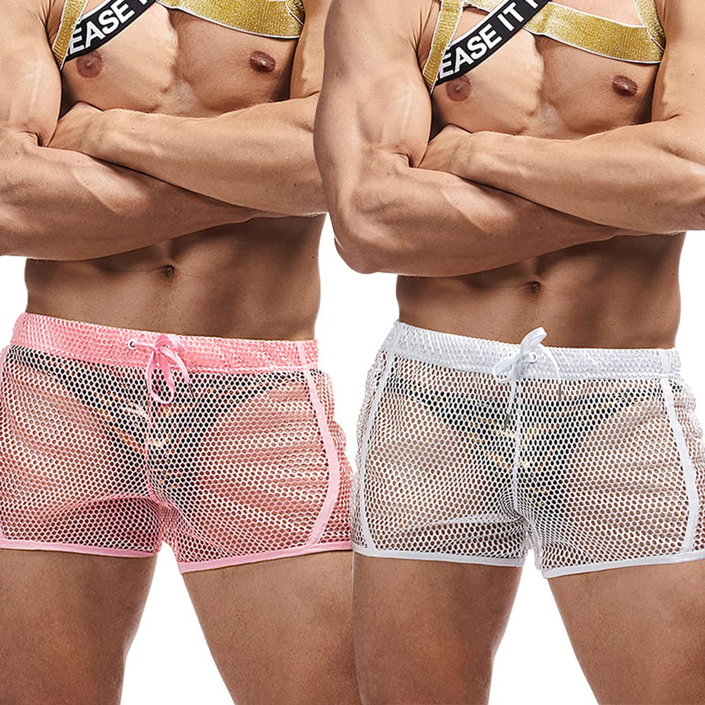 FIROTTII Mens Mesh Sexy Boxers Shorts See Through Shorts for Men (Pink + White L)