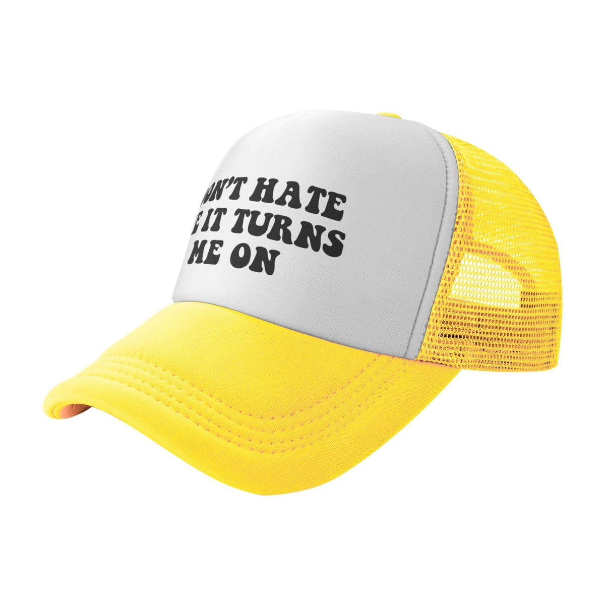 Dont Hate Me It Turns Me On Funny Adjustable Mesh Trucker Hat for Adults Unisex Classic Hats Fishing Caps Yellow