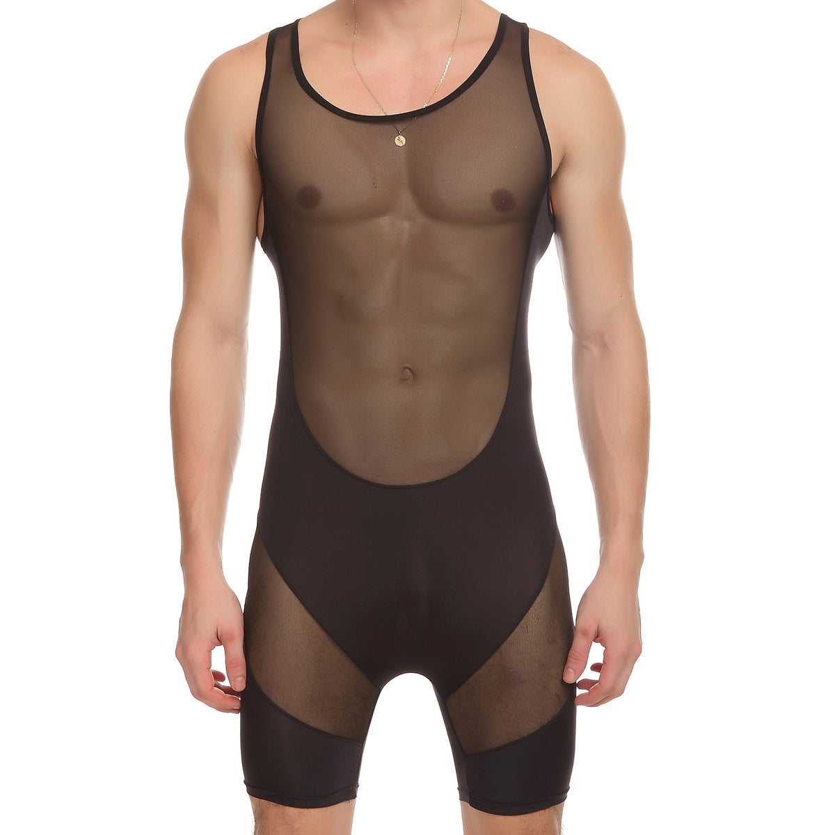 ONEFIT Sexy Mens Jumpsuit Black Bodysuit Transparent Mesh Briefs Underwear L