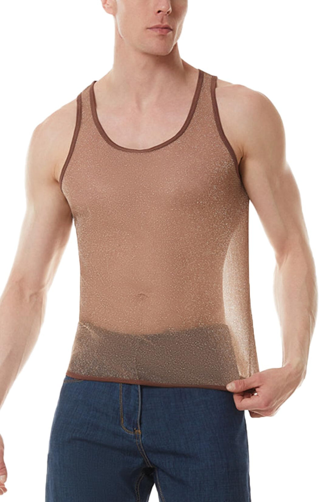Men Sheer Tank Transparent Stretchy Tank Shirts Glitter Shiny See Through Tank Top Sleeveless Sissy Lace Shirts Mesh Soft Muscle Tank Tops Brown US Size M