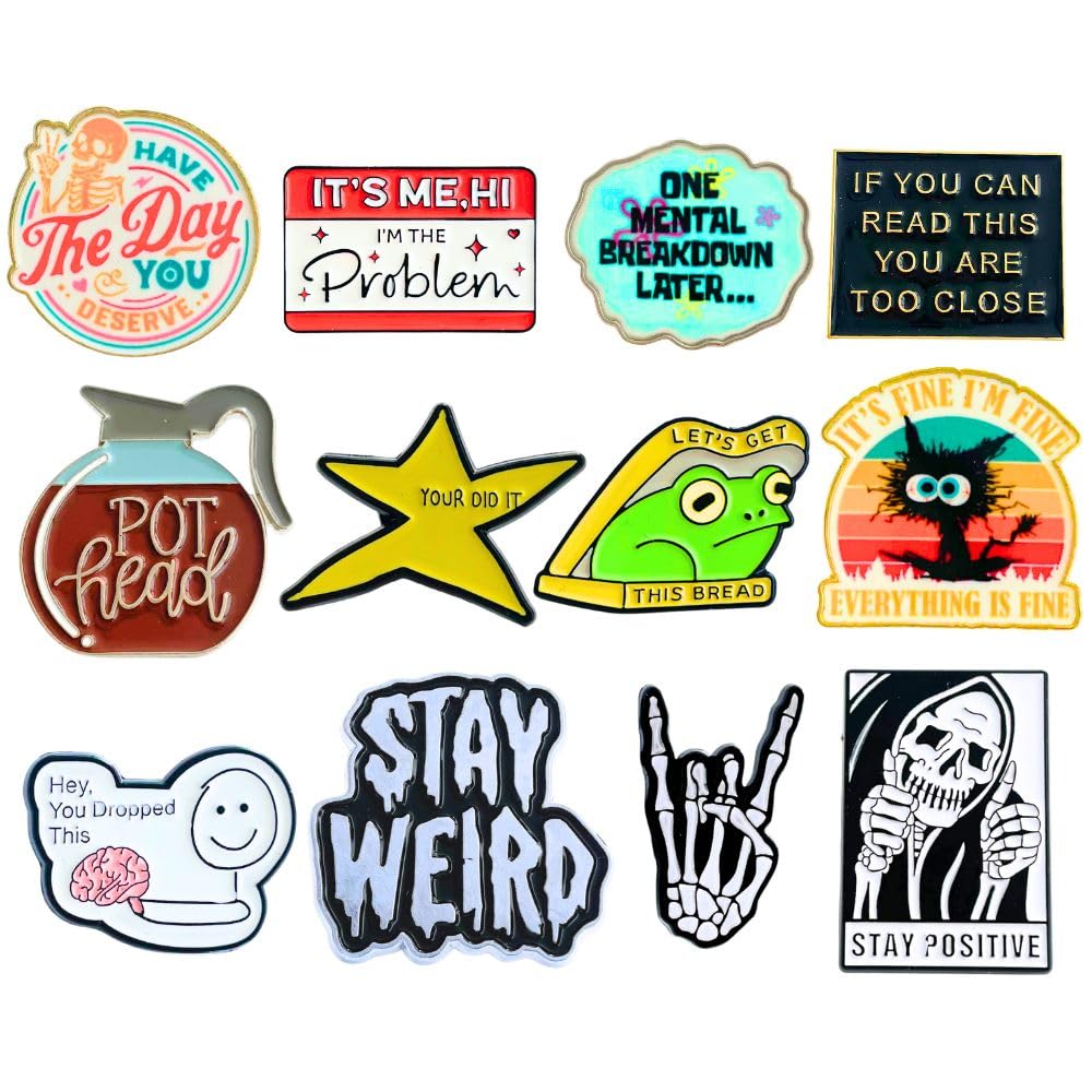 12PC Funny Enamel Pins for Backpacks Bags Hats Vest Fun Cute Meme Silly Weird Cool Spooky Horror Brooch Coffee Tea Pot Frog Lapel Metal Unique Collective Bulk Pin Buttons for Adults Work Novelty