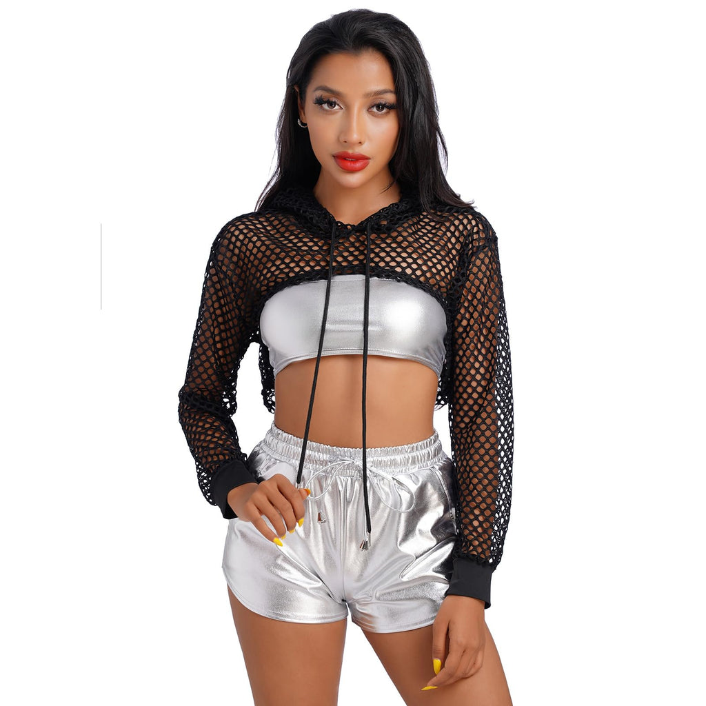 ABAFIP Women Fishnet Hoodie Crop Top Long Sleeve Mesh Sheer Rave Tops Festival Drawstring Drop Shoulder Shrugs Black Small