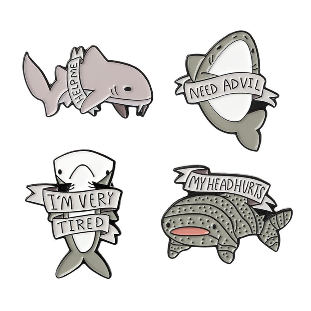 4 Pcs Cute Marine Animal Enamel Pins Metal Help Me I Am Tired And Depressed Shark Cartoon Pin Badge Backpack Denim Brooch For Friends
