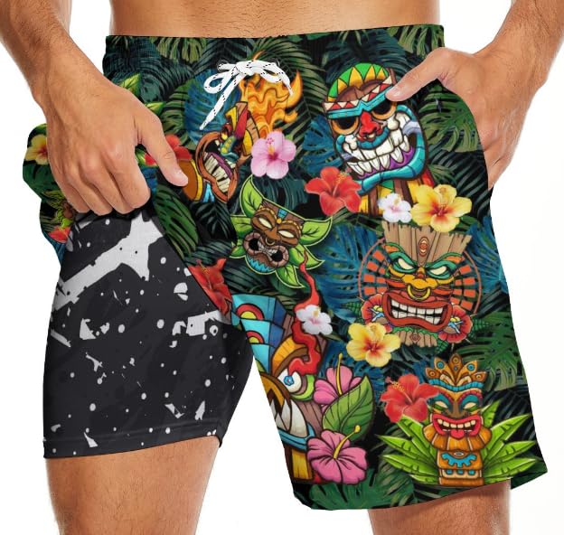 Tropical Hawaiian Mens Swim Trunks with Compression Liner 7 Inch Swimming Trunks Men Bathing Suits Board Shorts 3XL