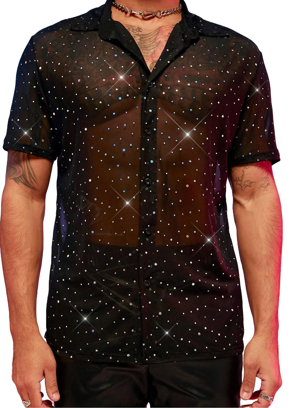 WDIRARA Mens Floral Mesh Tee Top Sheer Round Neck Short Sleeve T Shirts Black Sequin S