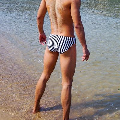Men's Low-Rise Sexy Swim Trunks, Black and White Stripes