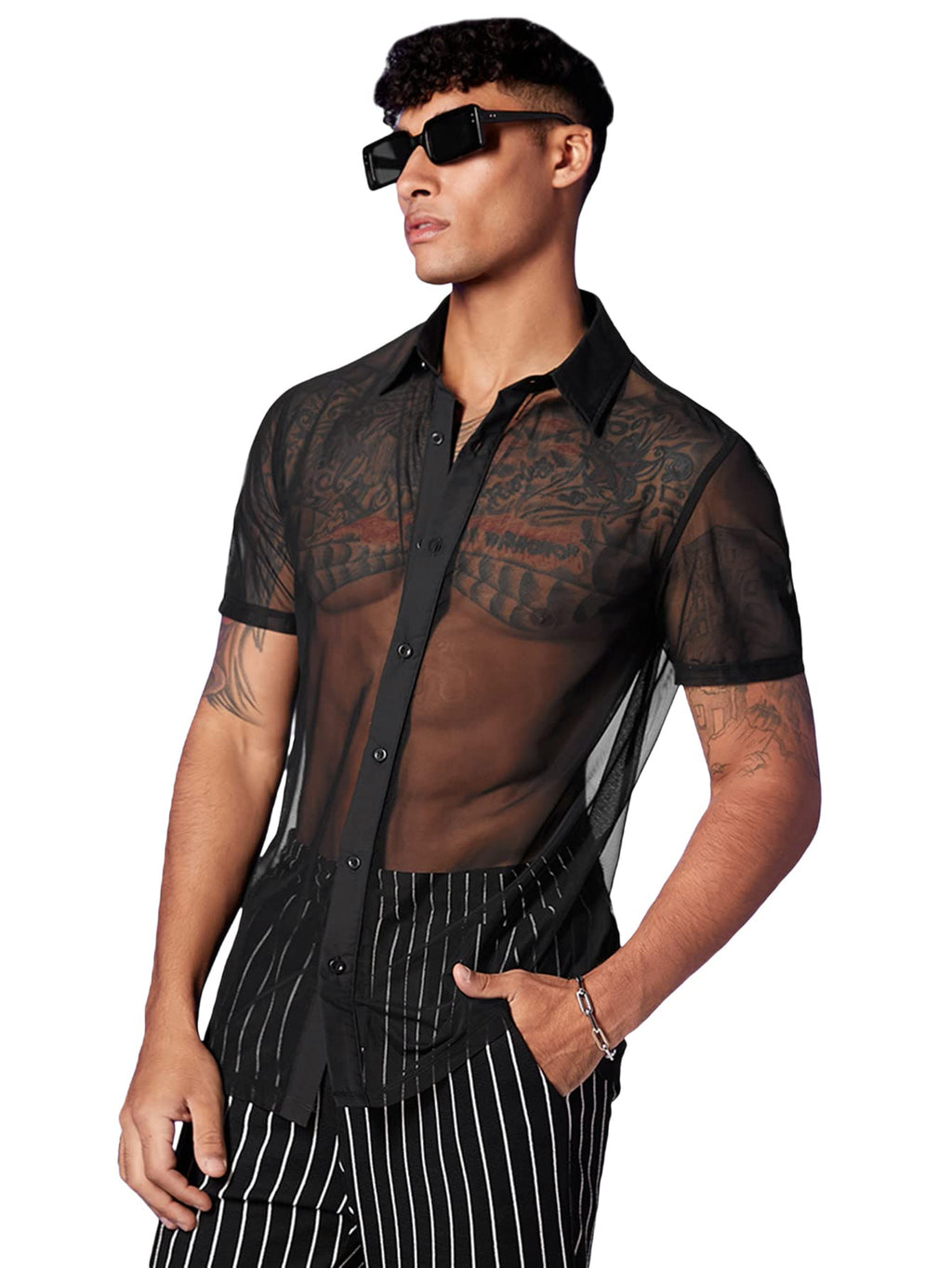 Verdusa Mens Sheer Mesh Button Up Shirt See Through Short Sleeve Top Black XL