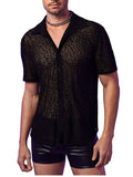 Verdusa Mens See Through Mesh Top Short Sleeve Button Down Shirts Heart Tops Leopard Black Medium