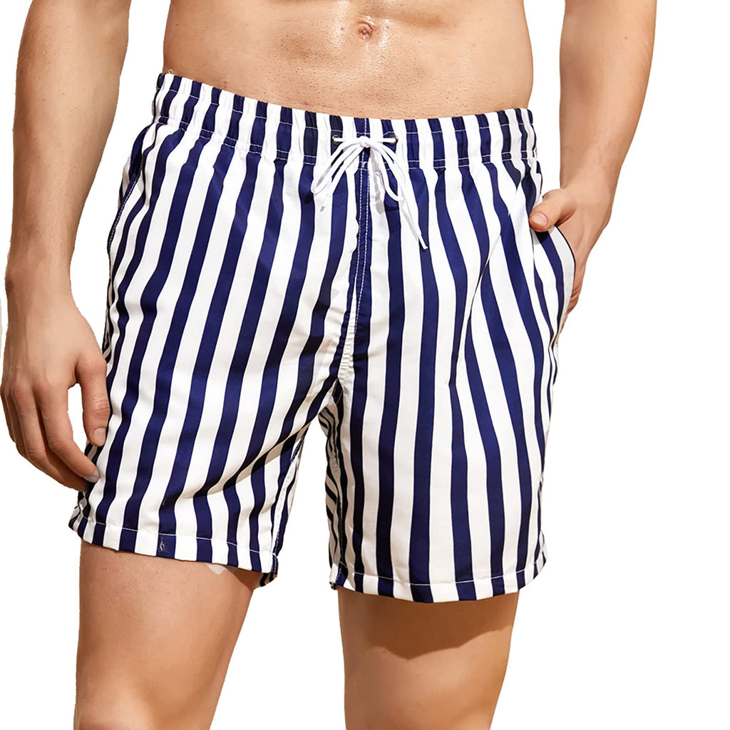 MADHERO Mens Swim Trunks Short Bathing Suit with Mesh Lining Swimming Shorts White Striped Size 2XL